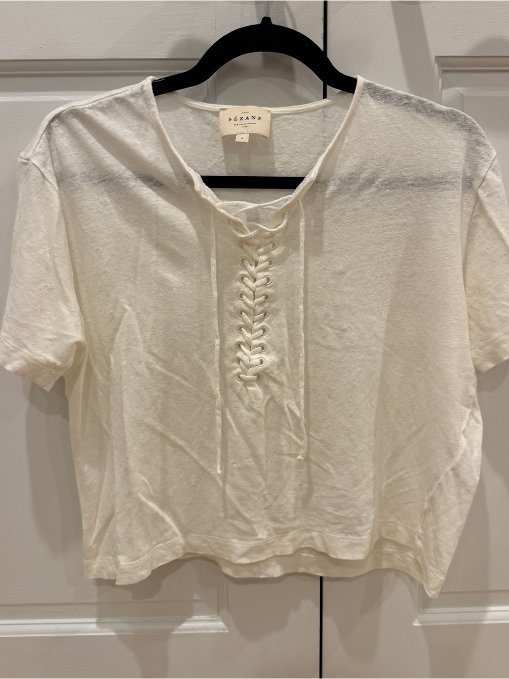 Sézane Cream Lace-Up Short Sleeve Top